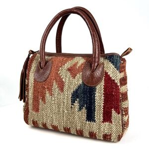 Vintage Southwestern Tapestry and Leather Top Handle Handbag in Brown • Medium